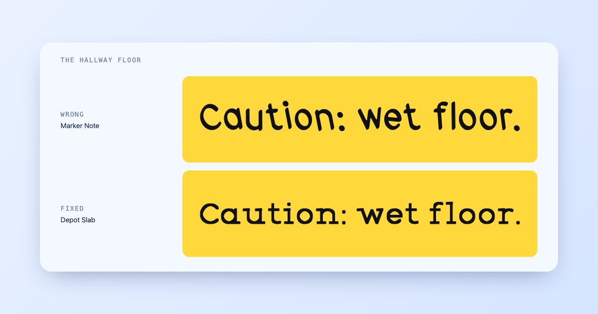 The sentence "Caution: wet floor." on a yellow sign, set first in a felt-pen font marked wrong, then in a heavy slab font marked fixed.